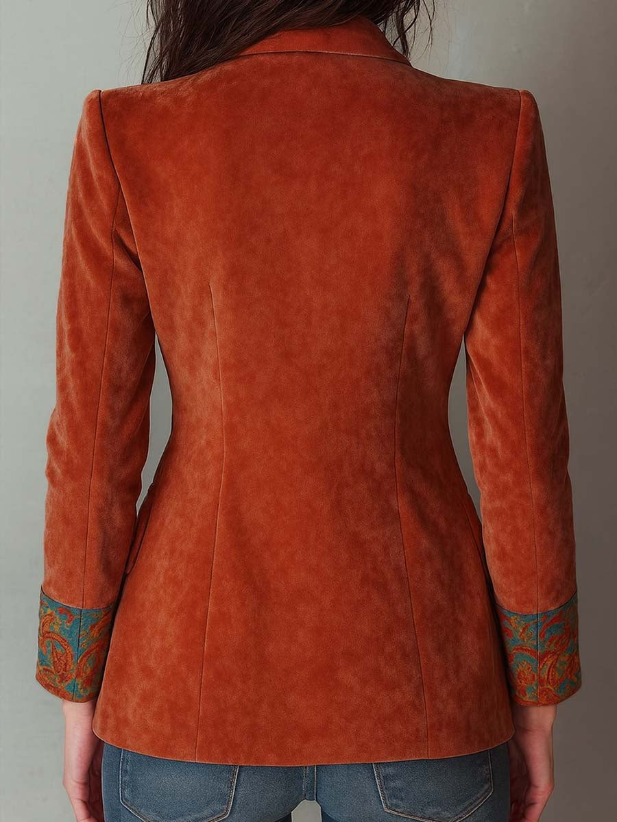 Vintage-Inspired Color Block Velvet Blazer with Print