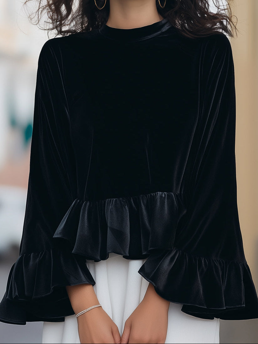 Round Neck Velvet Ruffle-Trim Blouse