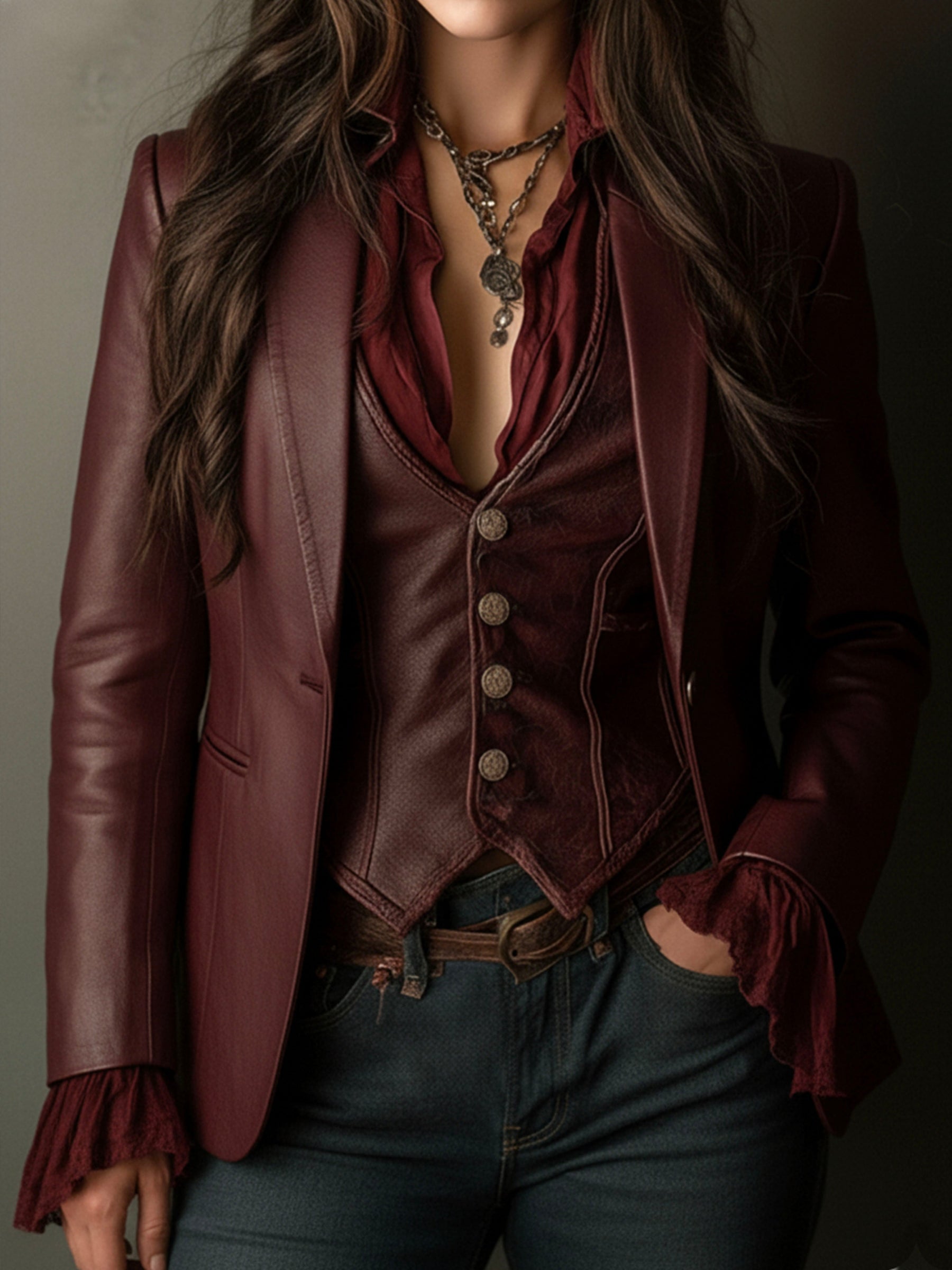 Retro Burgundy Eco-Friendly Leather Blazer