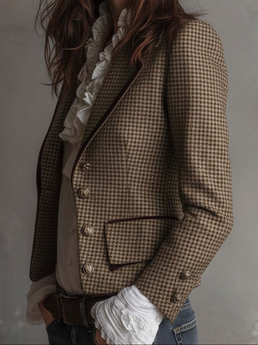 Classic Houndstooth Tweed Tailored Blazer