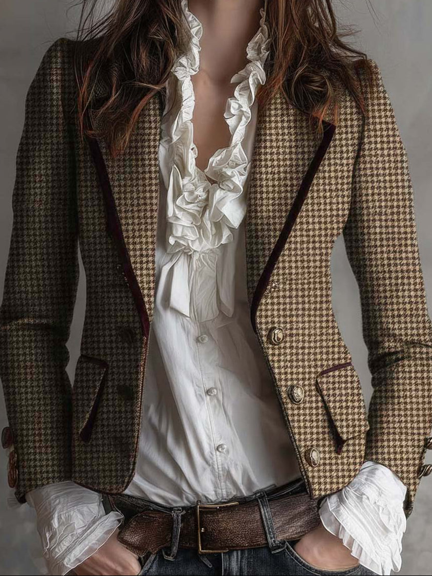 Classic Houndstooth Tweed Tailored Blazer