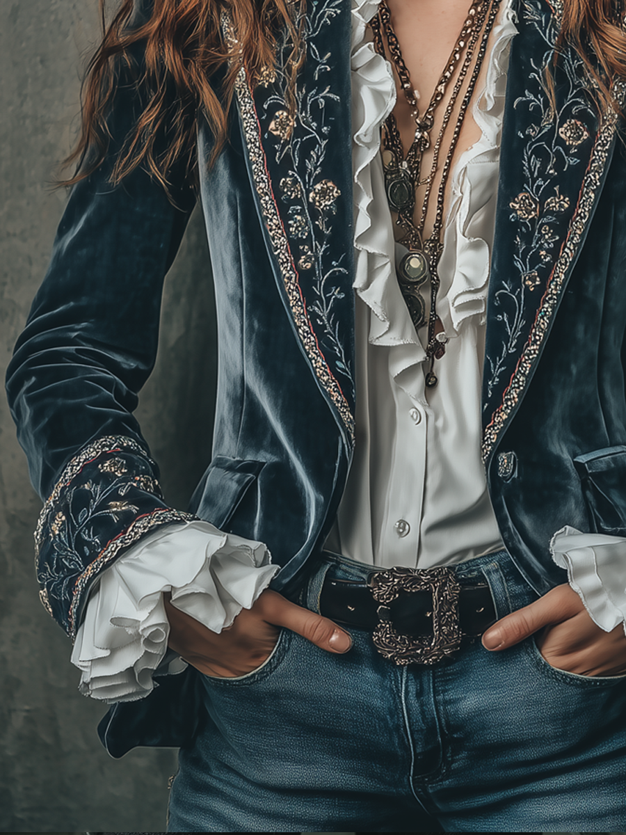Retro Floral Embroidered Velvet Blazer with Cuffs