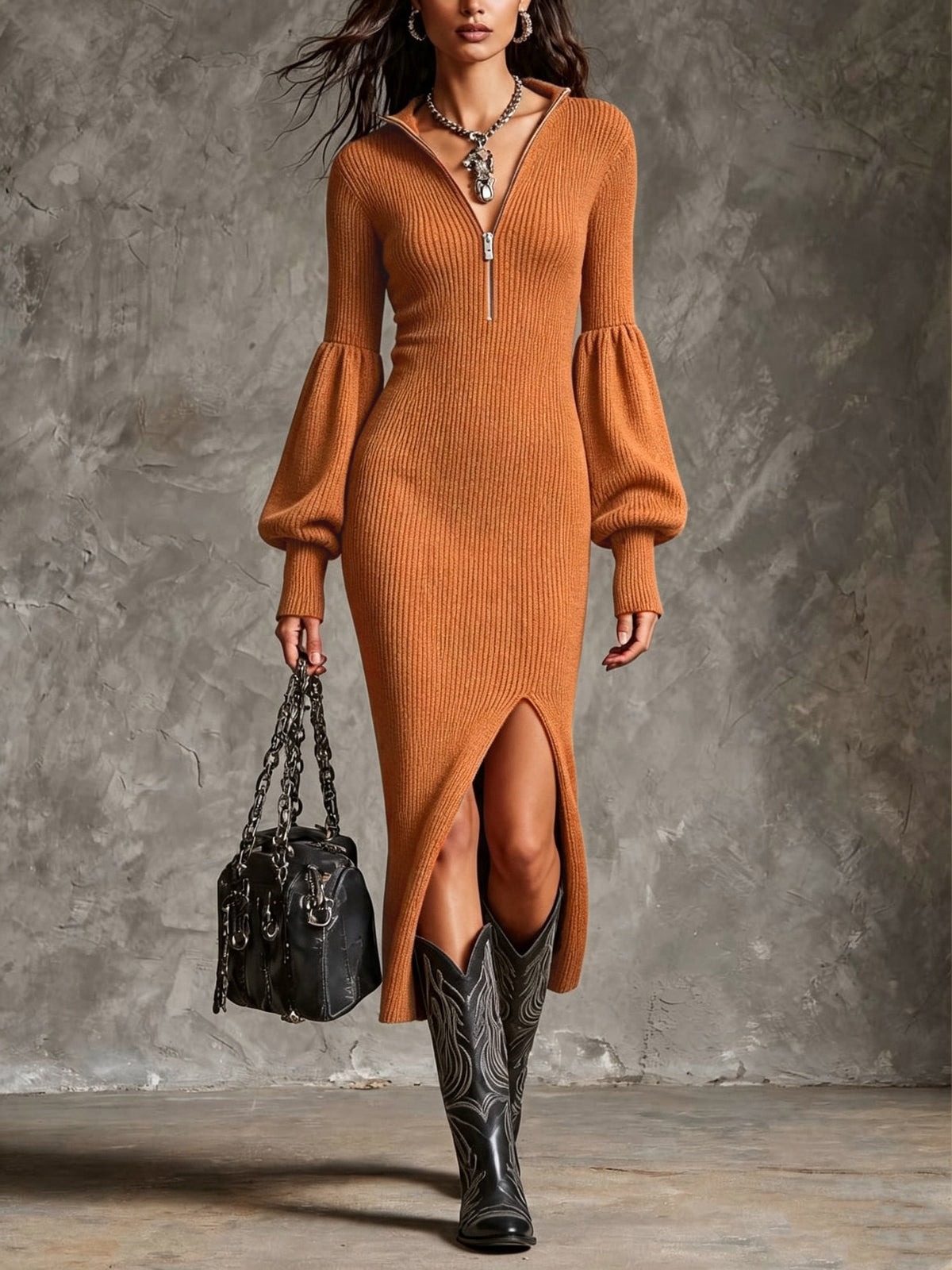 Odette | Midnight Ribbed Zip-Front Sweater Dress