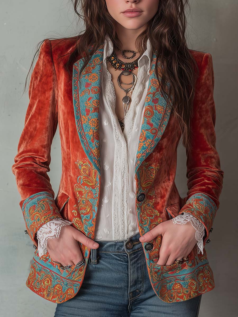 Vintage-Inspired Color Block Velvet Blazer with Print