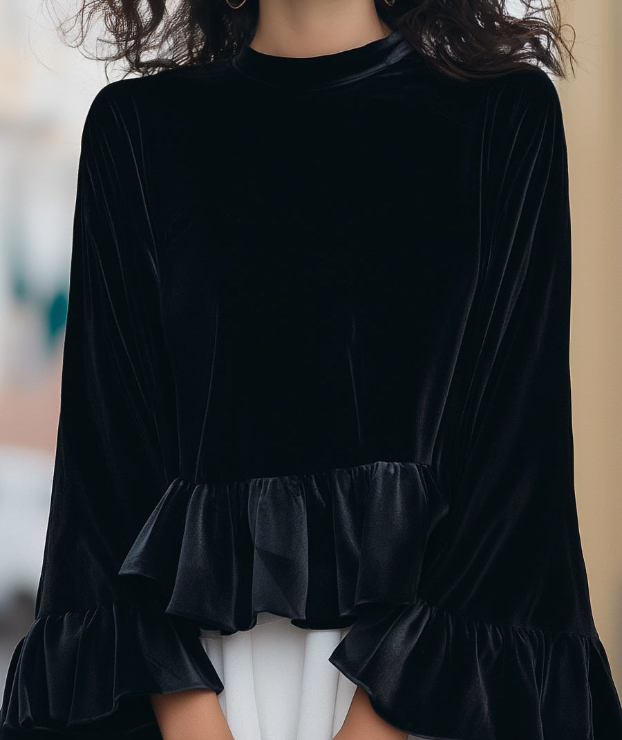 Round Neck Velvet Ruffle-Trim Blouse