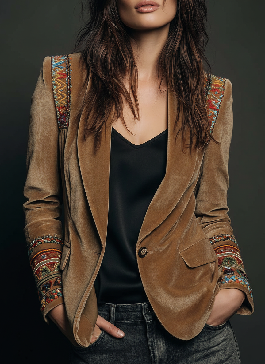 Embroidered Bohemian-Style Blazer in Polyester Velvet