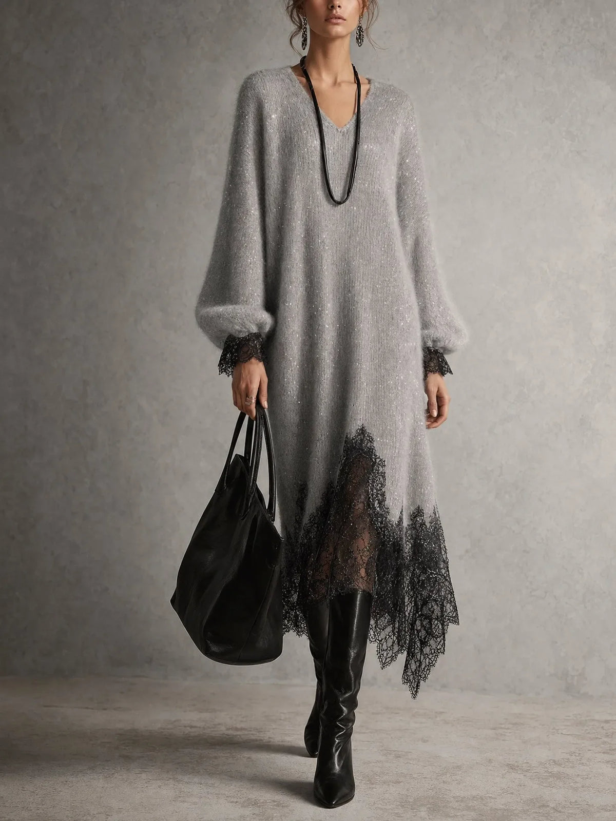 Kaitlin | Lace Trim Knit Dress