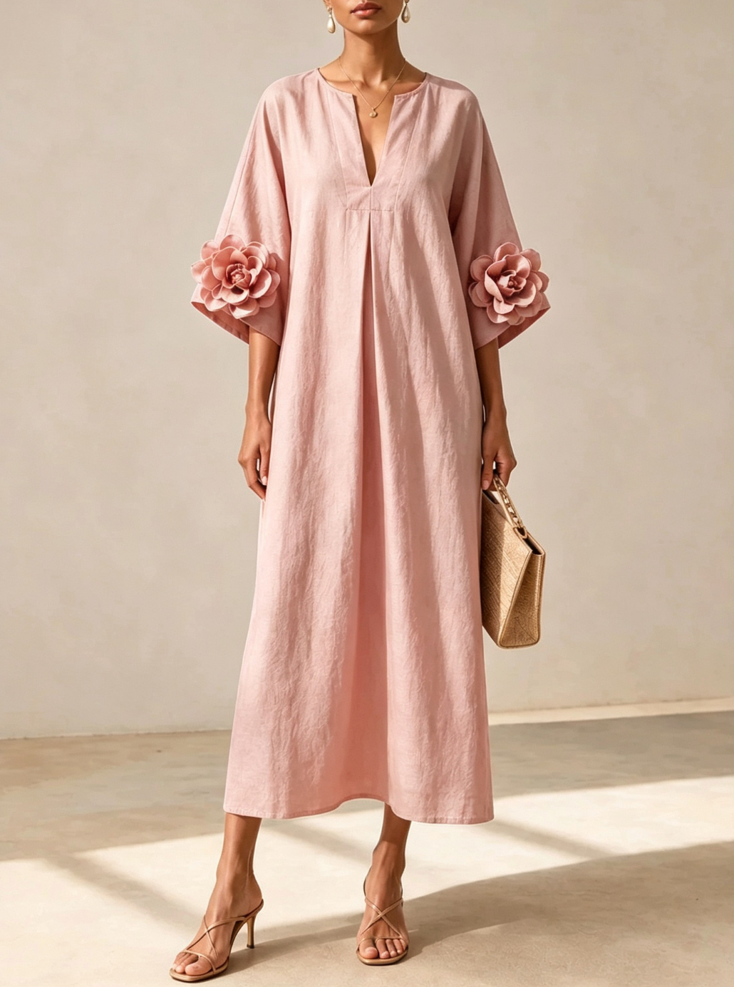 Olive | V-neck Midi Dress With Striking Floral Cuffs