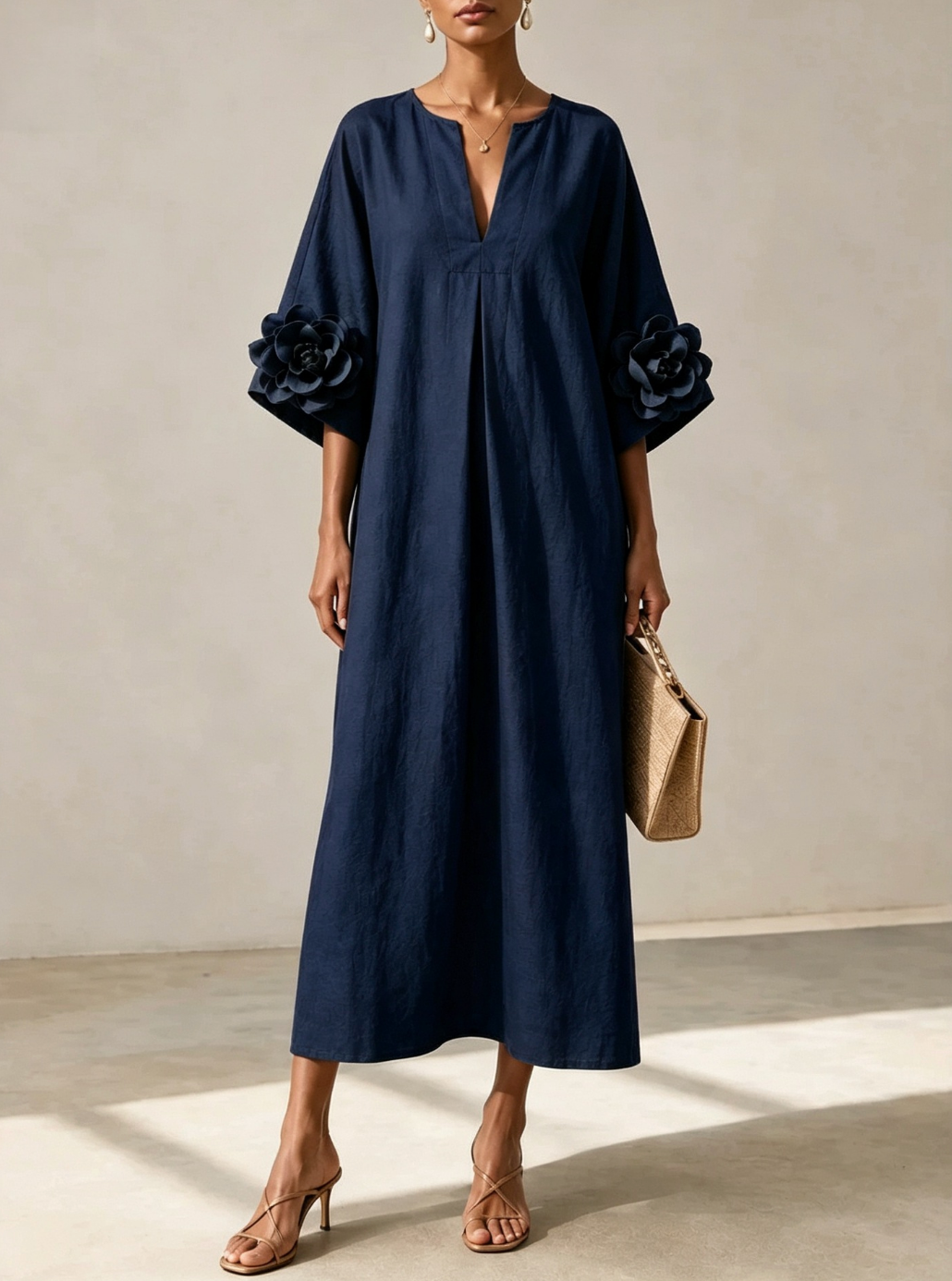 Olive | V-neck Midi Dress With Striking Floral Cuffs