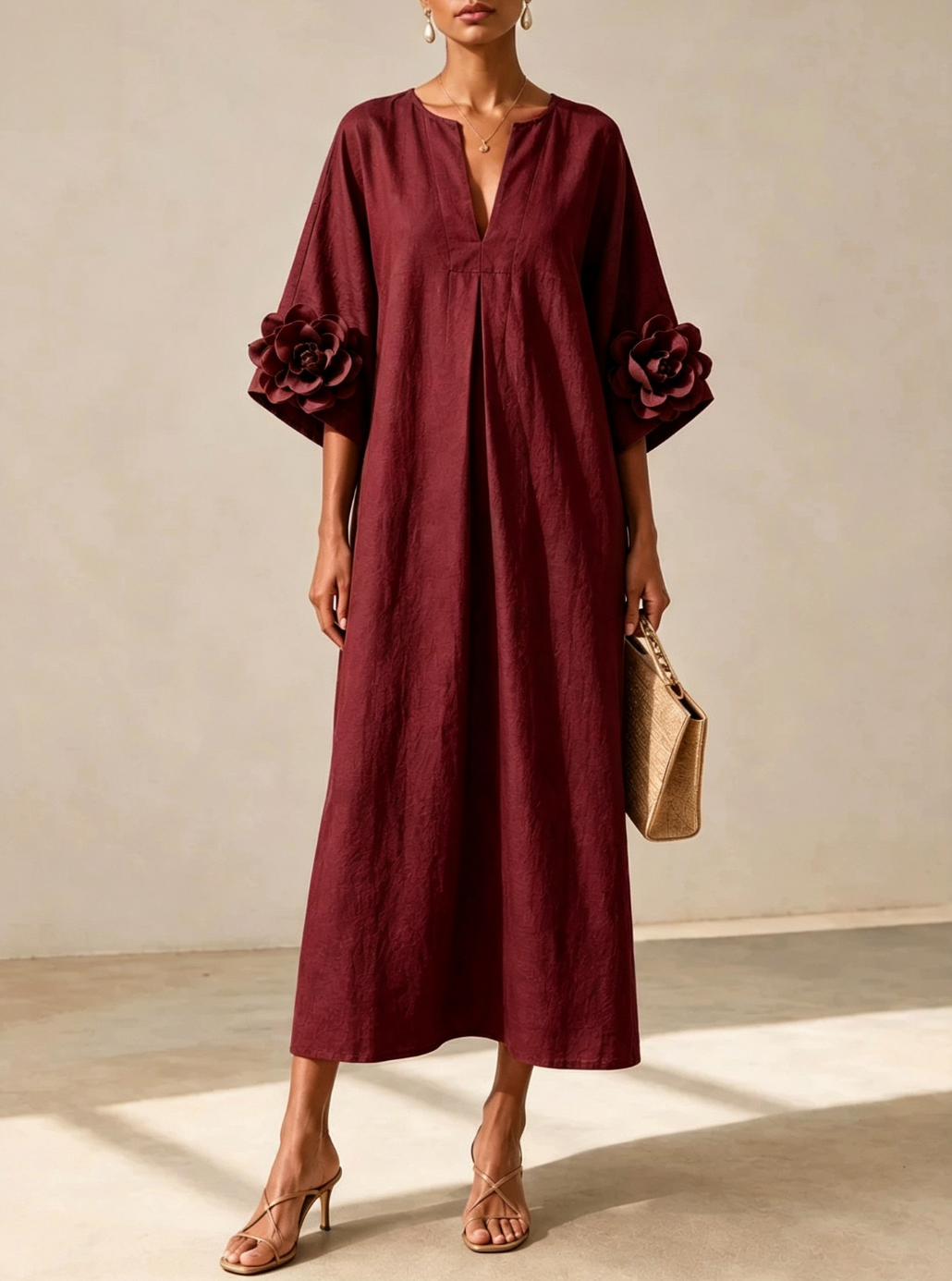Olive | V-neck Midi Dress With Striking Floral Cuffs