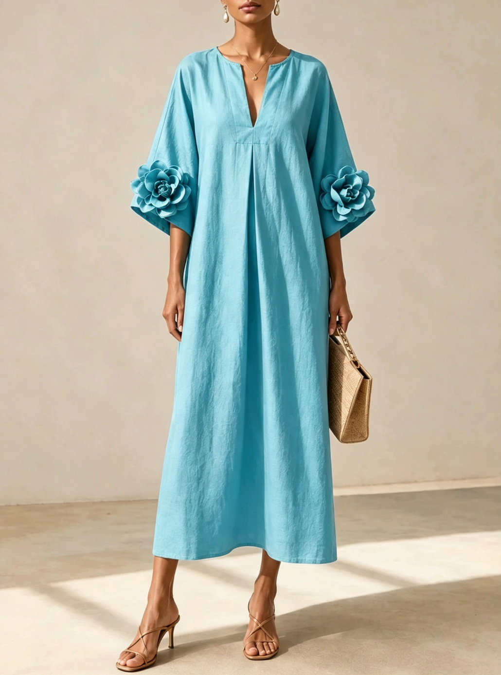 Olive | V-neck Midi Dress With Striking Floral Cuffs