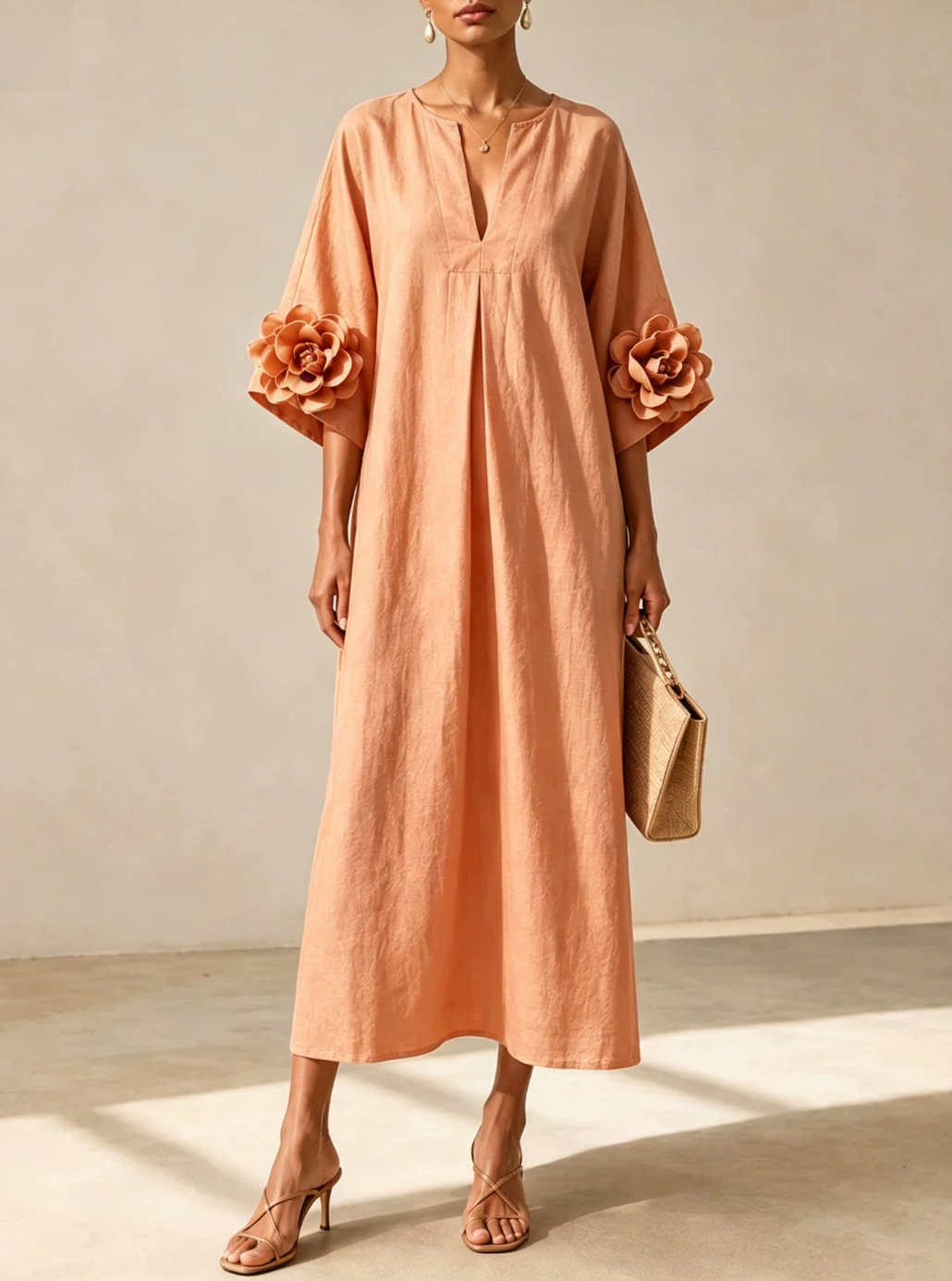 Olive | V-neck Midi Dress With Striking Floral Cuffs