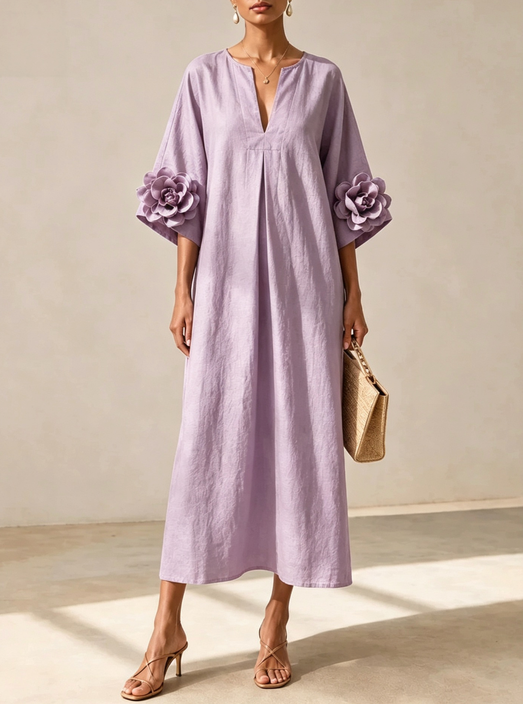 Olive | V-neck Midi Dress With Striking Floral Cuffs