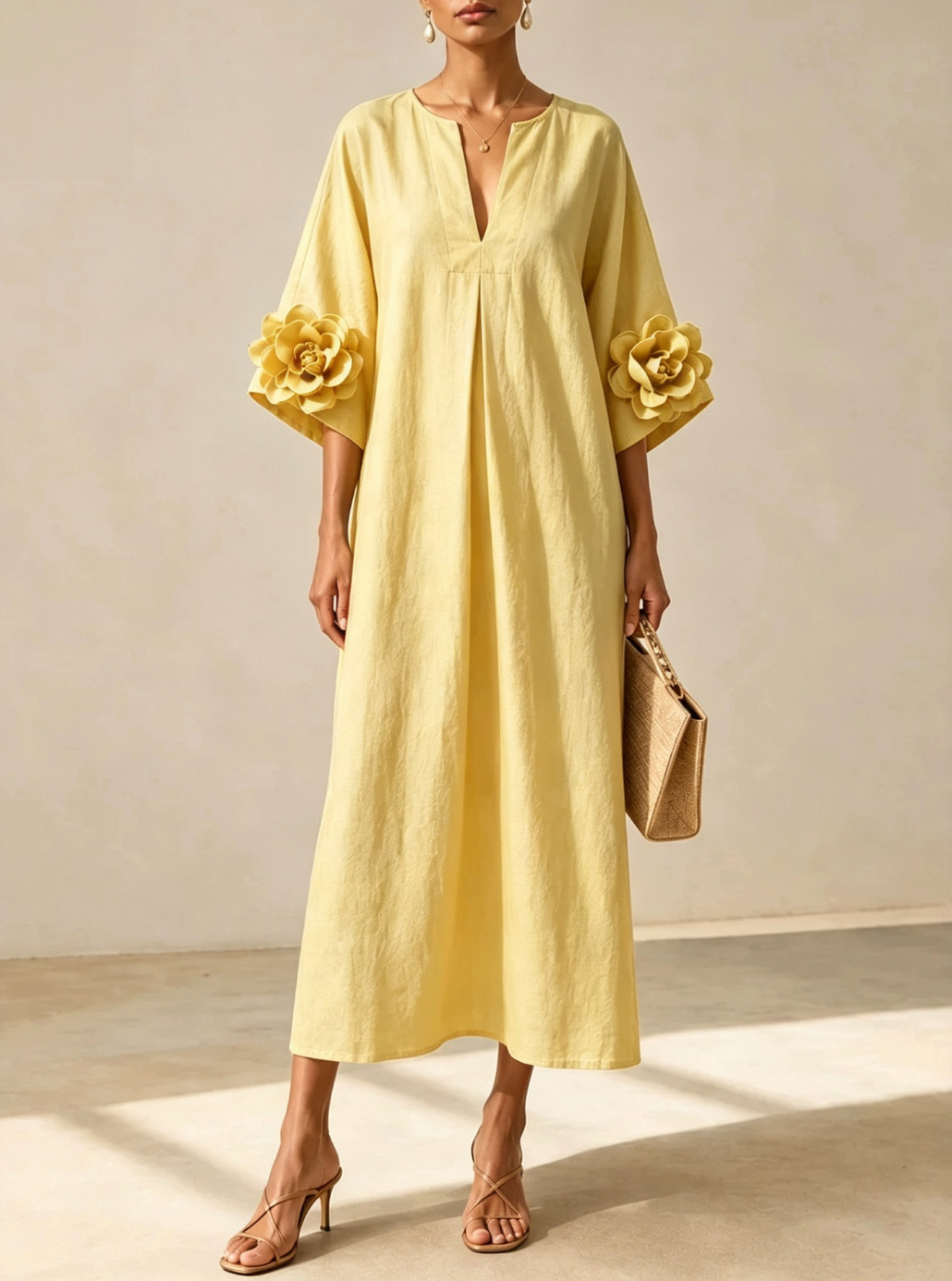 Olive | V-neck Midi Dress With Striking Floral Cuffs