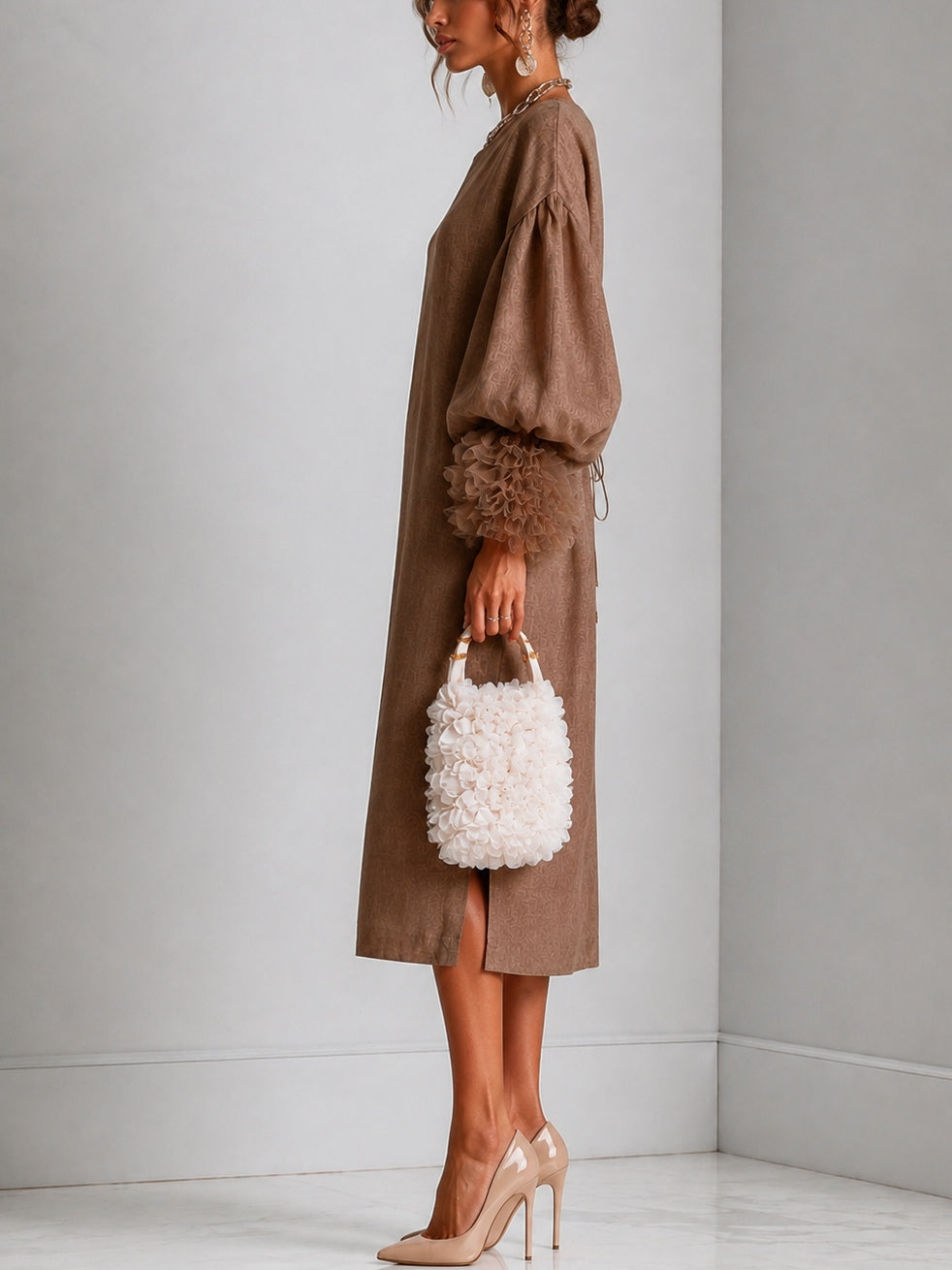 Fiona | Drawstring Midi Dress Pleated Ruffle Cuffs