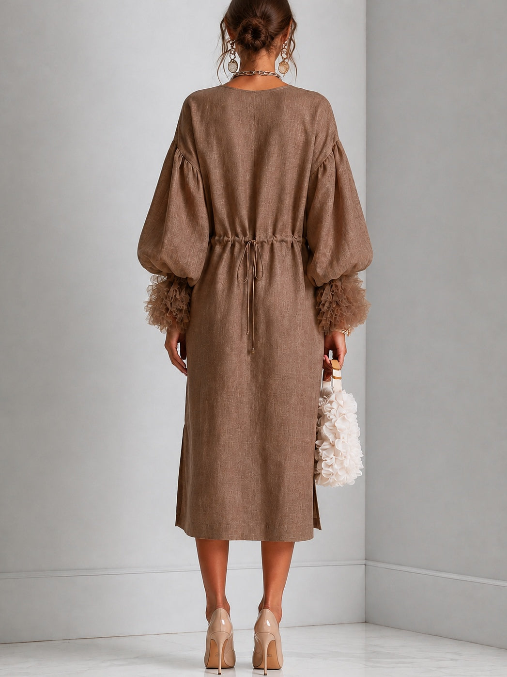 Fiona | Drawstring Midi Dress Pleated Ruffle Cuffs