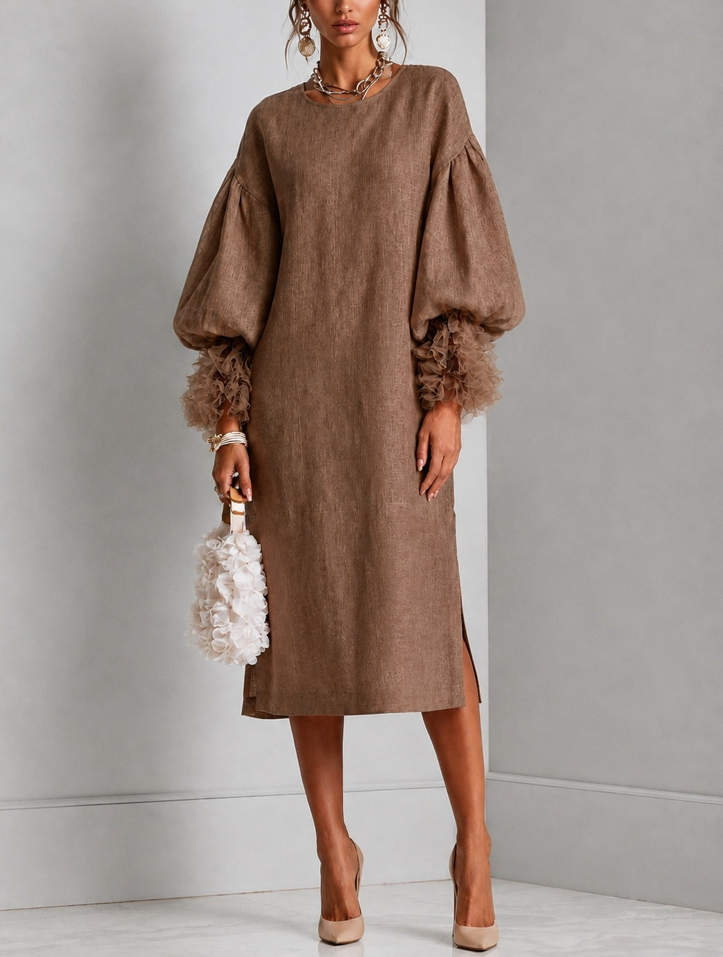Fiona | Drawstring Midi Dress Pleated Ruffle Cuffs