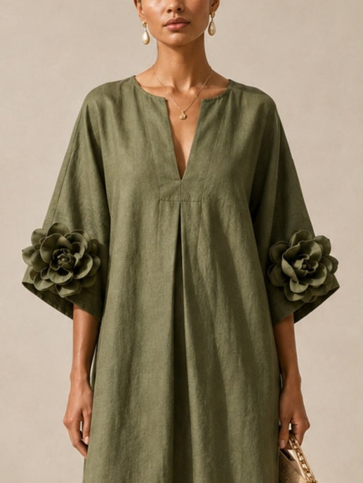 Olive | V-neck Midi Dress With Striking Floral Cuffs