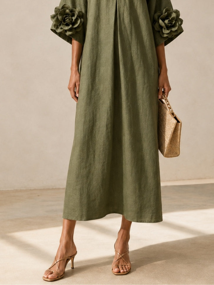 Olive | V-neck Midi Dress With Striking Floral Cuffs