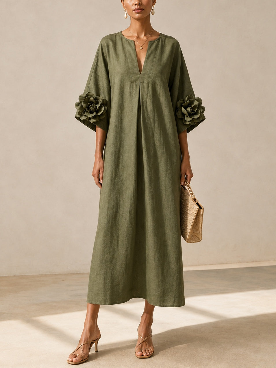 Olive | V-neck Midi Dress With Striking Floral Cuffs