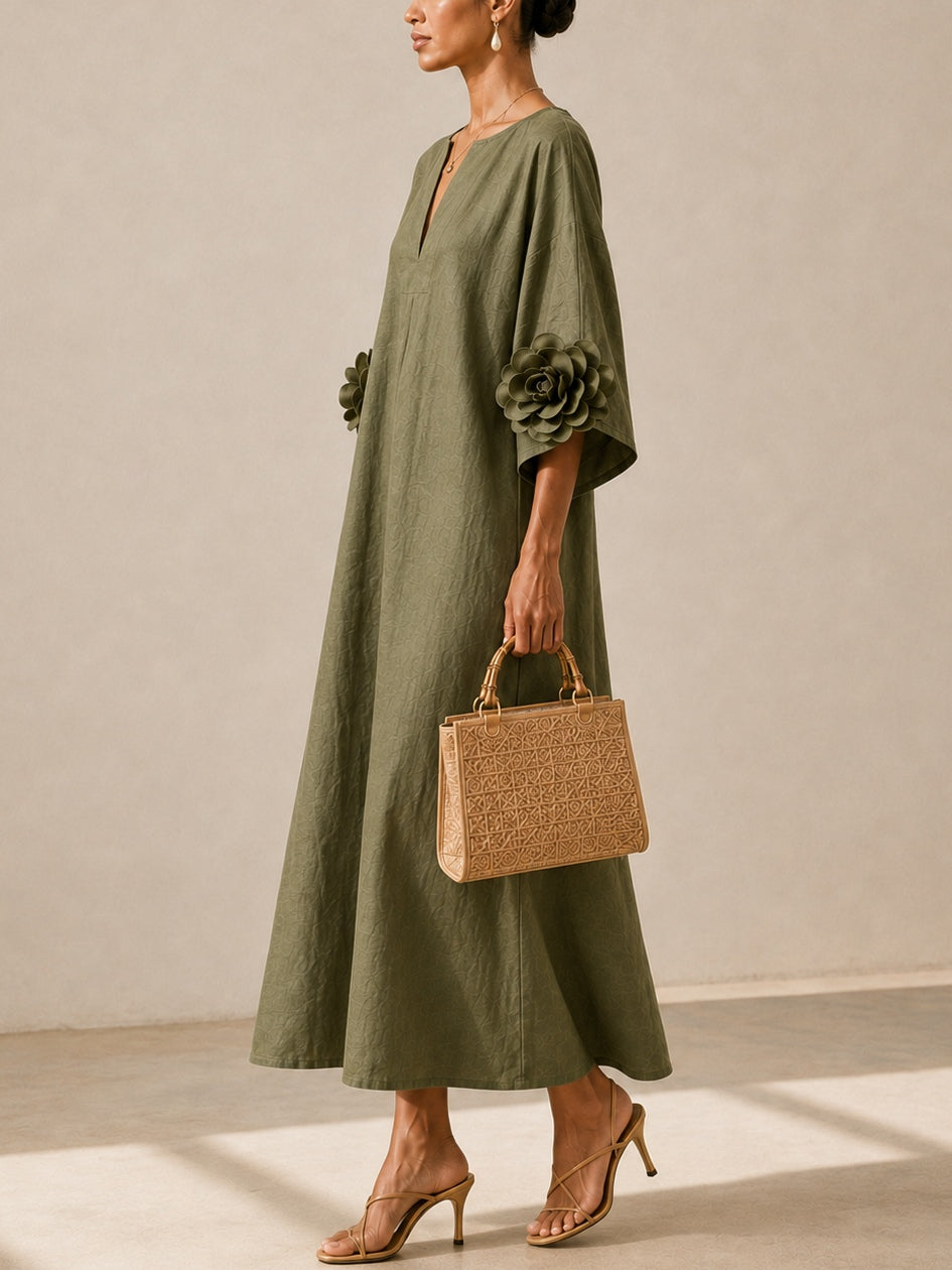 Olive | V-neck Midi Dress With Striking Floral Cuffs