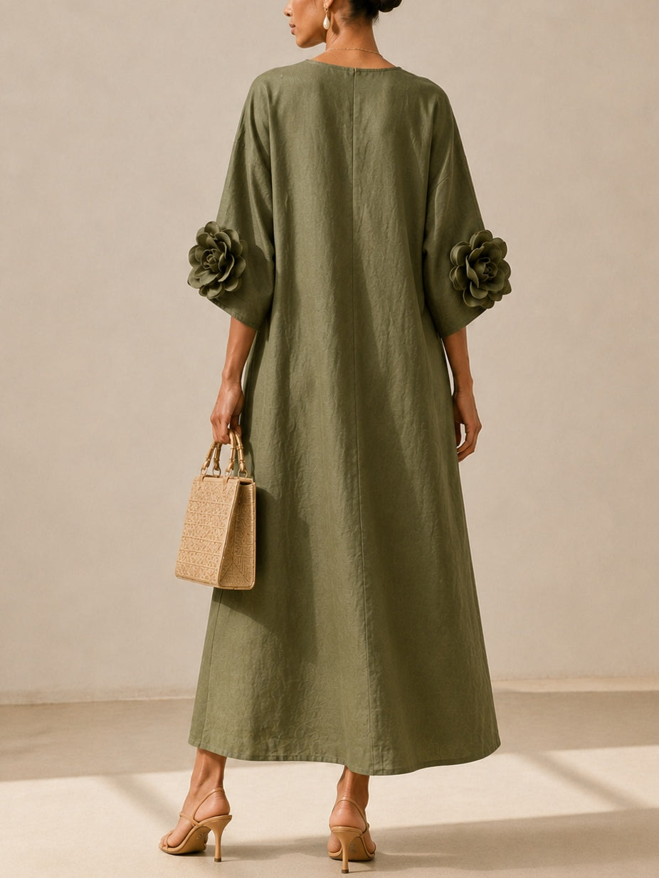 Olive | V-neck Midi Dress With Striking Floral Cuffs