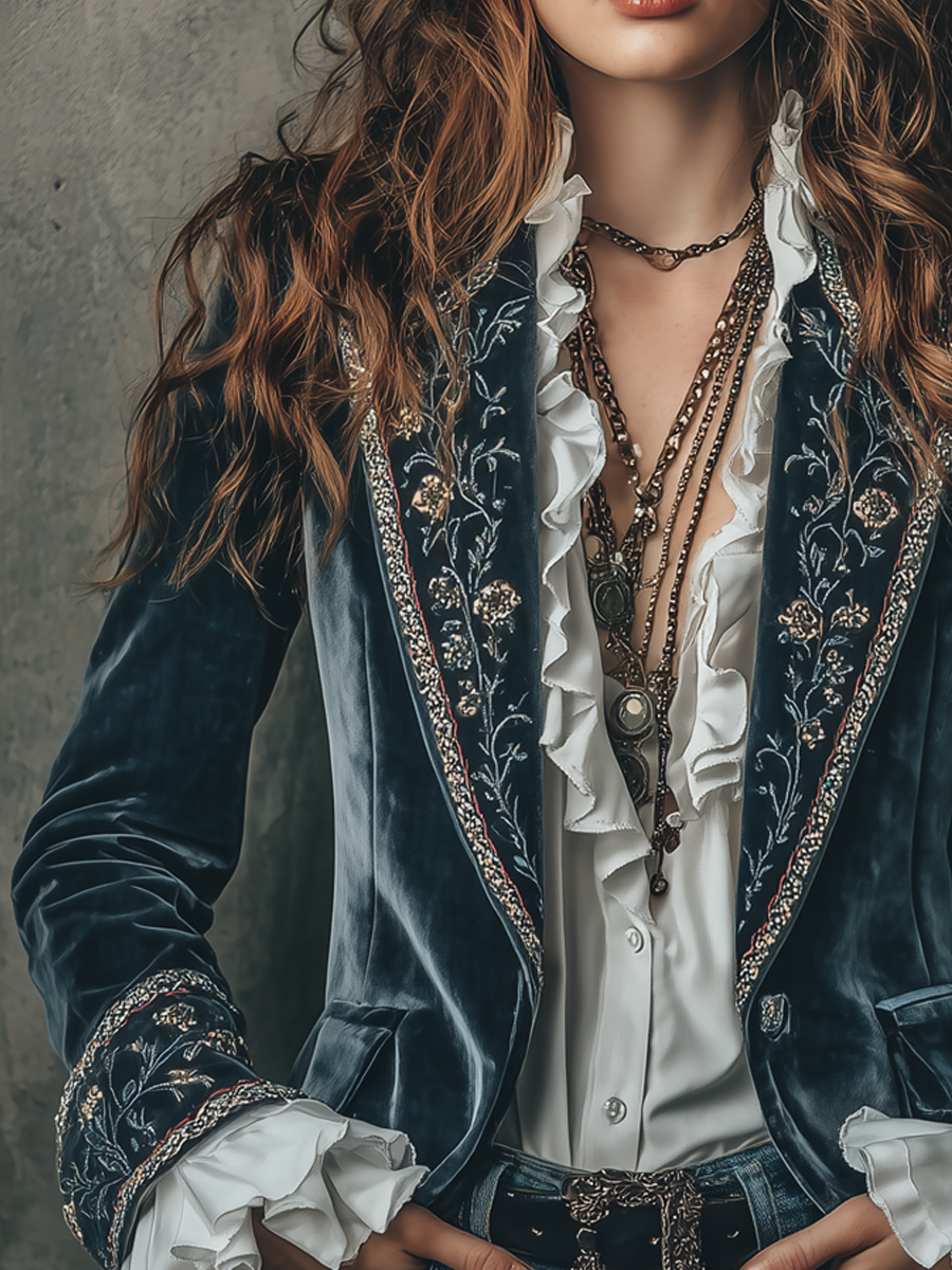 Retro Floral Embroidered Velvet Blazer with Cuffs
