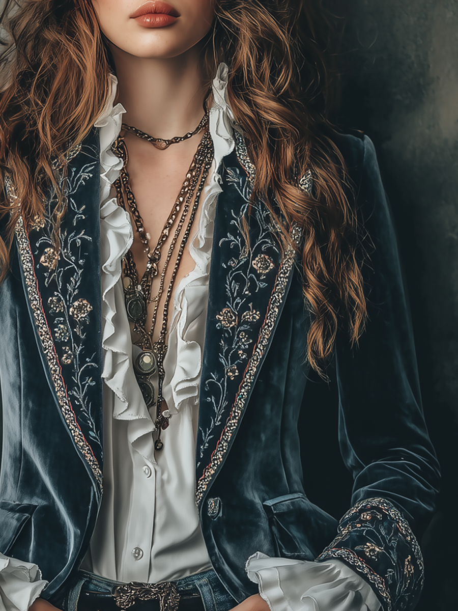 Retro Floral Embroidered Velvet Blazer with Cuffs