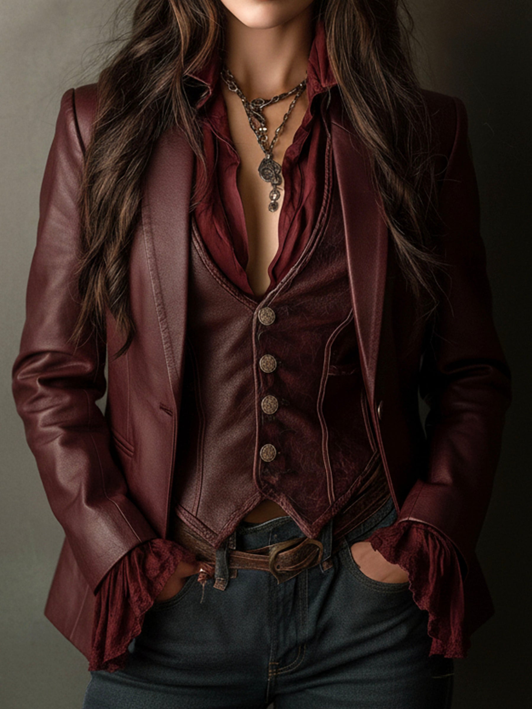 Retro Burgundy Eco-Friendly Leather Blazer