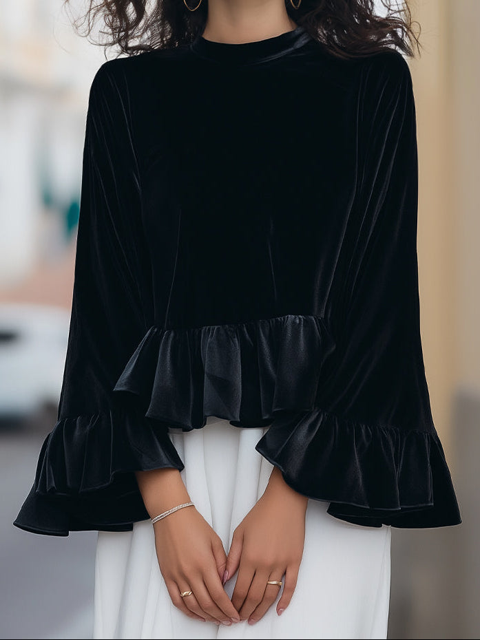 Round Neck Velvet Ruffle-Trim Blouse