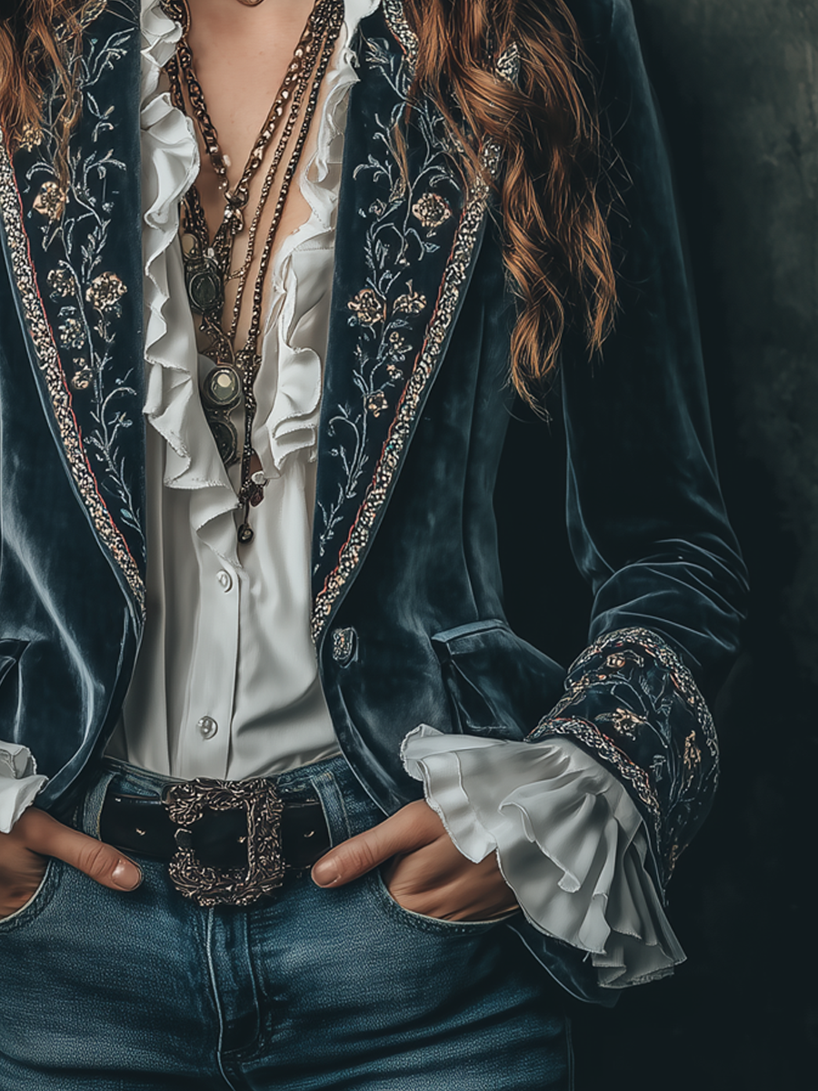 Retro Floral Embroidered Velvet Blazer with Cuffs