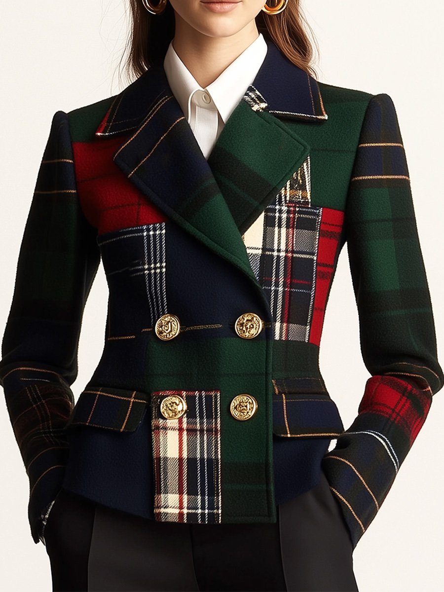 Relaxed Plaid Double-Breasted Wool Blazer with Lapel
