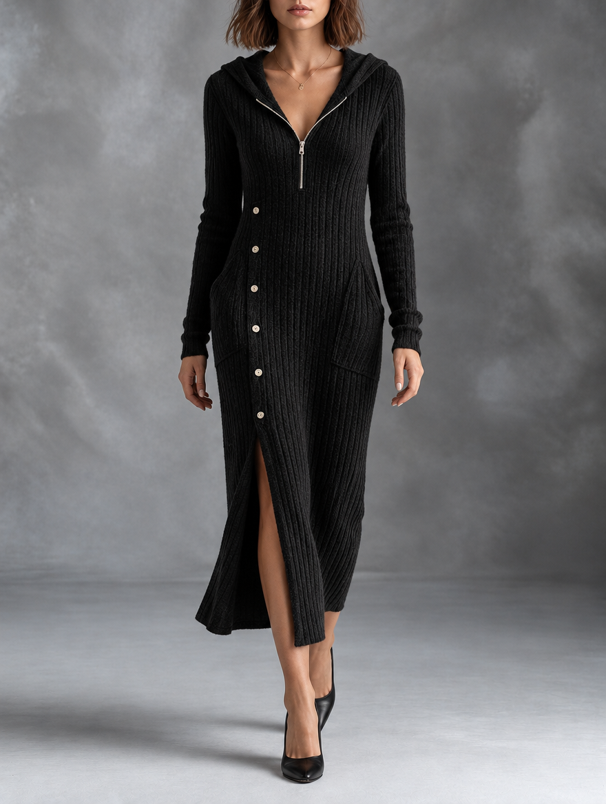 Marcie | Ribbed Hooded Midi Dress