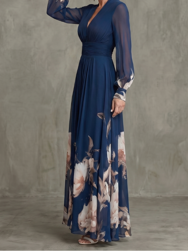 Maude | Floral Hem Sheer Sleeve Maxi Dress