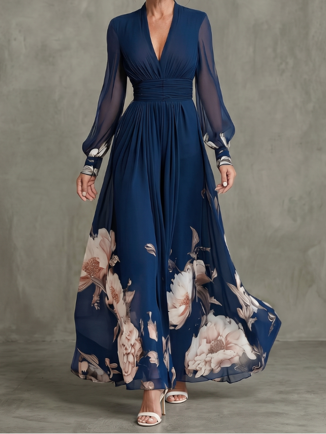 Maude | Floral Hem Sheer Sleeve Maxi Dress