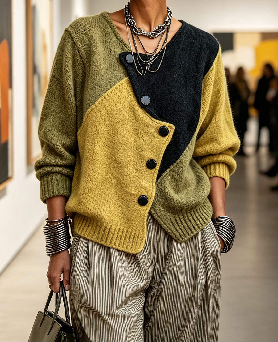 Pia | Artistic Cozy Asymmetric Color-block Knit Sweater