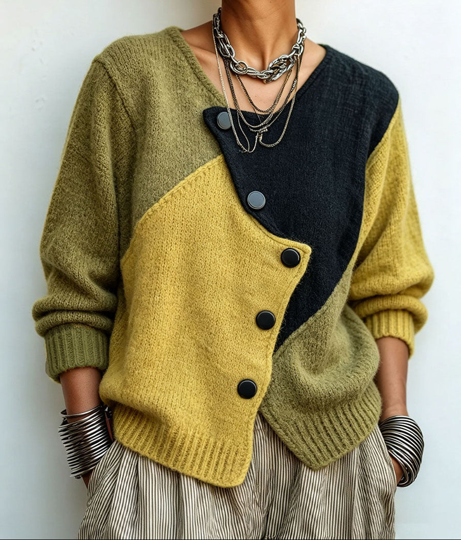 Pia | Artistic Cozy Asymmetric Color-block Knit Sweater